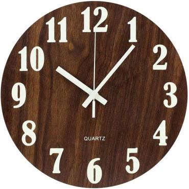 壁掛け時計 木製 夜光 静音 掛け時計 おしゃれ 連続秒針 時計 壁掛け レトロ 時計 暗くなると自動で光る時計 直径30cm ブラウン